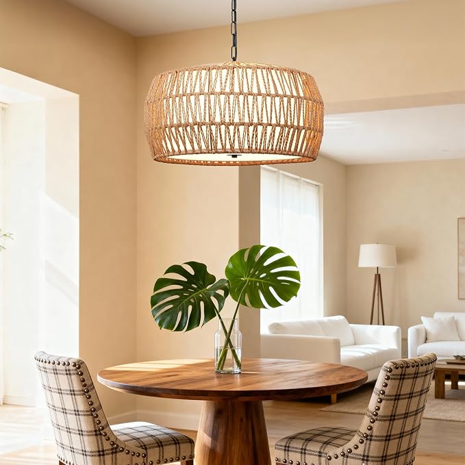 5-Light Farmhouse Rattan Chandelier with Fabric Shade, 18" Boho Woven Wicker Pendant Light for Living Room, Dining Room & Bedroom, Hand Woven Wicker Fixture (No Bulbs)