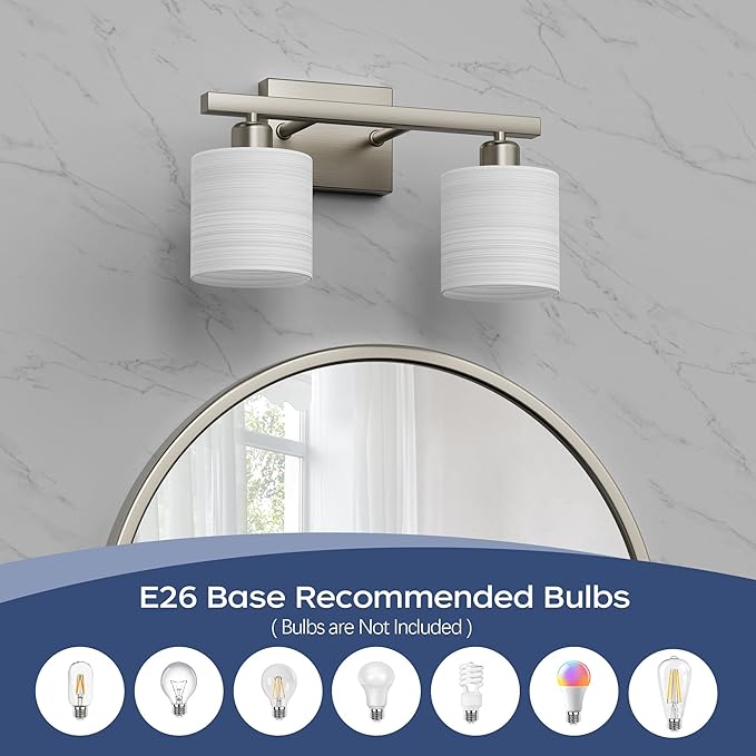 PARTPHONER Bathroom Light Fixtures, Bathroom Lighting Fixtures Over Mirror, Classic Vanity Lights, Modern Vanity Light with Textured Frosted Opal White Glass Shades, Brushed Nickel, 2-Light