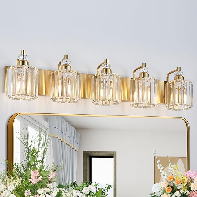5-Light Modern Vanity Lights Brushed Brass Bathroom Light Fixtures Over Mirror Gold Bathroom Vanity Lighting with Crystal Shade E26 Base Wall Sconce for Bedroom Living Room Restroom Wall Lamp