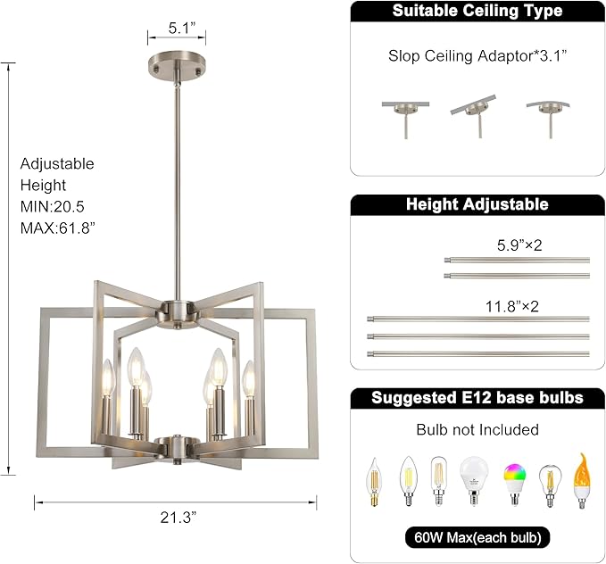 Sigaitwei 6-Light Modern Metal Geometric Chandelier，Kitchen Island Brushed Nickel Lighting Fixtures，Entryway Light Fixture Hanging Brushed Nickel，Farmhouse for Dining Room Chandelier