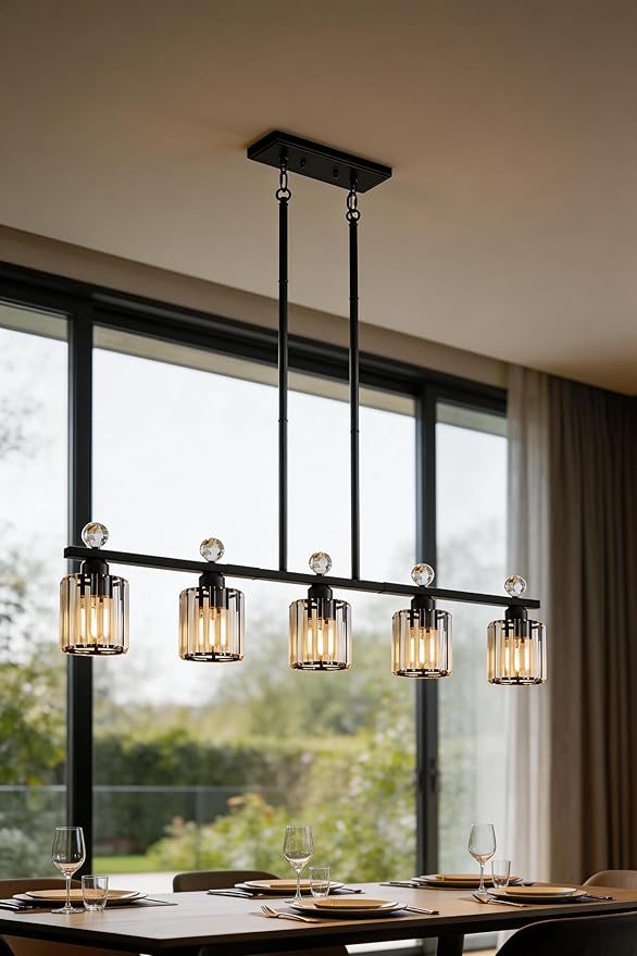 Modern Dining Room Light Fixture Over Table, Crystal Pendant Lights Kitchen Island, Chandeliers for Dining Room Kitchen Light Fixtures (E26) 5-Light Black