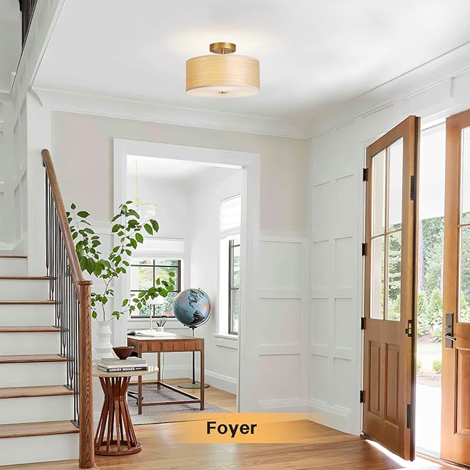 Gold Drum Ceiling Light Fixture, 13" Semi Flush Mount with Natural Wood Shade, Modern Farmhouse Close to Ceiling Lamp for Bedroom, Dining Room, Kitchen, Hallway, Entryway, Foyer
