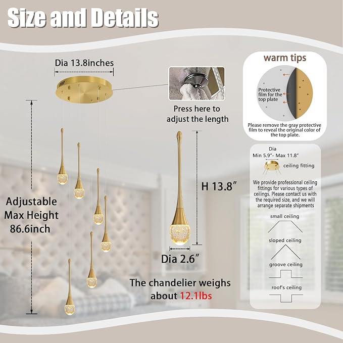 ykolupty H86 Pendant Lights Kitchen Island 6-Lights Pendant Chandelier for Dining Room Hallway Stairwell,LED Dimmable 2700K-6000K