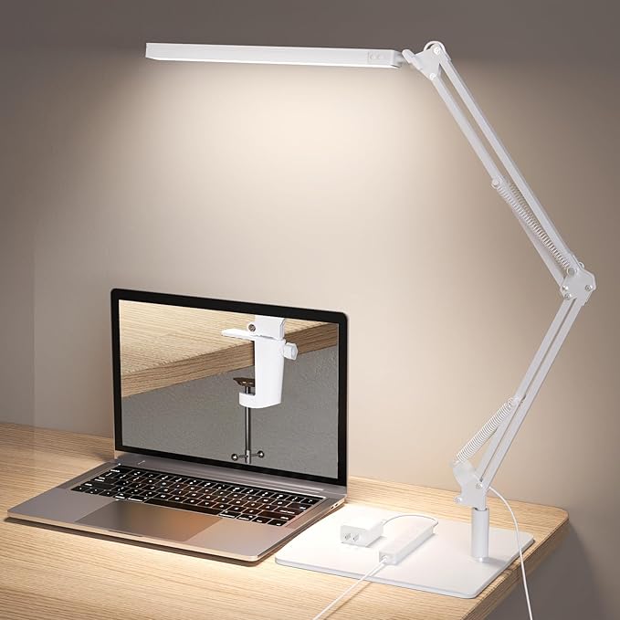 TROPICALTREE Swing Arm Desk Lamp with Base, 80 LED Beads, 5 Color Modes & 11 Brightness Levels, 360° Adjustable Arm, Eye-Caring Light CRI95, Timer & Memory Function, for Office, Study, Crafting