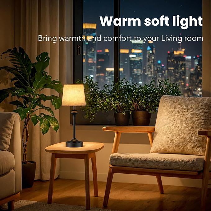 NIORSUN Portables Cordless Table Lamp,Flaxen Fabric Shade Battery Operated Lamp,5200mAh Bedside Table Lamp with Warm White,3 Way Dimmable Touch Desk Lamp for Bedroom Living Room Restaurant (Black)