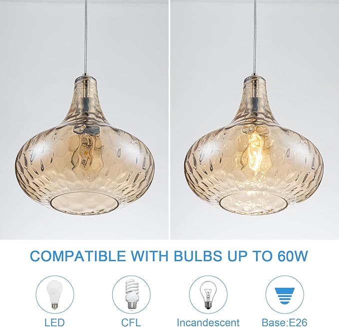 Amber Glass Pendant Light - 11-Inch Hammered Glass Ceiling Light with Brushed Nickel Finish, Adjustable Hanging Cord, Modern Lighting for Kitchen Island, Dining Room, Living Room & Hallway
