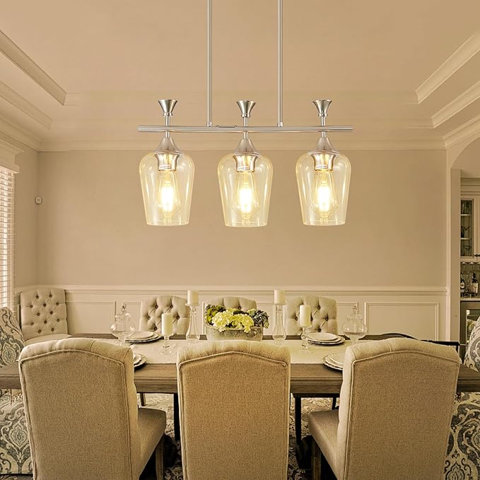 21.2" Dining Room Light Fixture/Chandelier Over Table, 3-Light Brushed Nickel Kitchen Island Lighting with Clear Glass Shade, Modern Hanging Pendant Lights Fixture for Kitchen Island, Dining Room, Bar