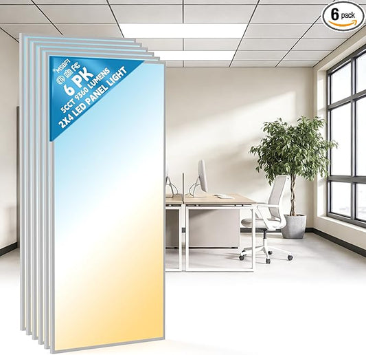 2x4 LED Flat Panel Light Drop Ceiling Office Fixture, 5 CCT 3000K-6500K Adjustable & 5 Wattage Selectable,0-10V Dimmable, 2X4 LED Flush Mount Ceiling Light, ETL Listed 6Pack