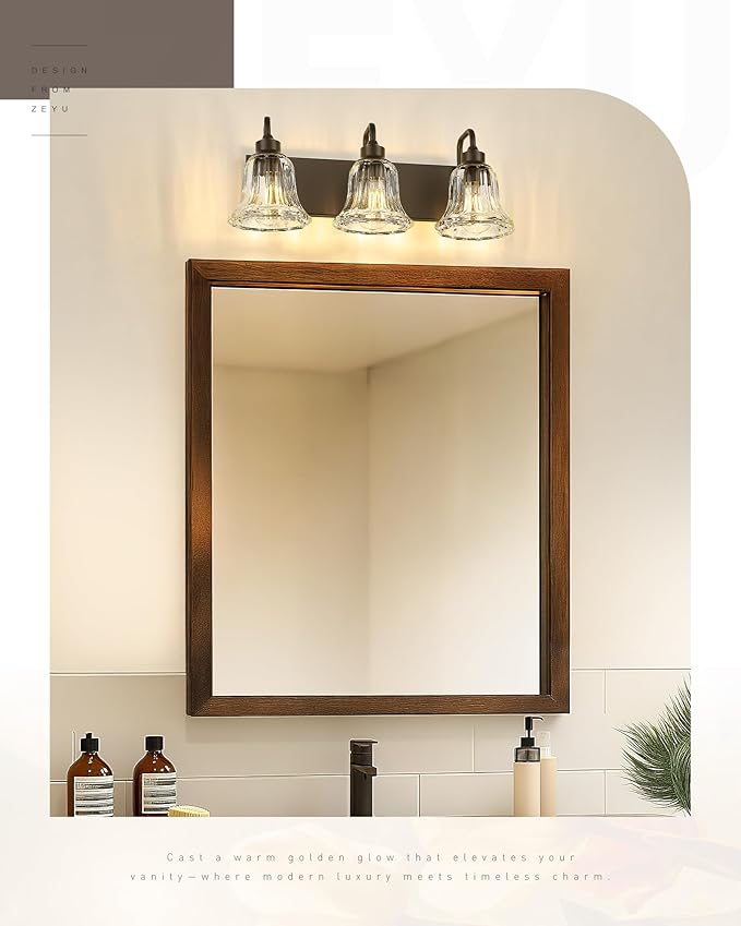 zeyu 22 Inch Bronze Vanity Lights, Farmhouse Wall Sconce Lighting, 3 Light Bathroom Mirror Wall Light, Oil Rubbed Bronze Finish with Clear Striped Glass, ZJX117B-3W ORB
