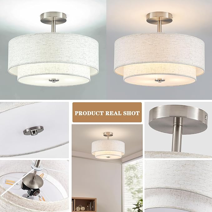 BUXVRCS Semi Flush Mount Ceiling Light Fixture, 3-Light Double Drum Lighting Fixtures with Fabric Shade, 16" Modern Light Fixtures Ceiling Mount Close to Ceiling Light for Bedroom (Brushed Nickel)