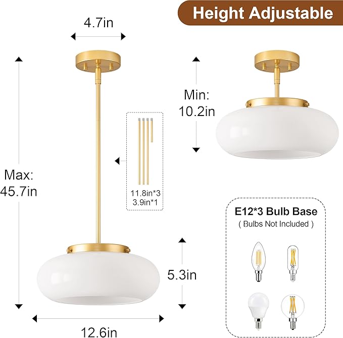 Mid-Century Modern Gold Semi Flush Mount Ceiling Light, 3-Light Kitchen Light Fixtures with Glass Shade for Entryway Hallway Bathroom Bedroom (12.6 Inch)