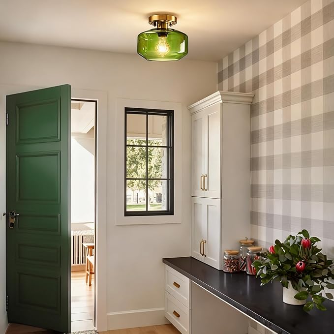 Vintage Semi Flush Mount Ceiling Light with Open Green Glass Shade Mid Century Modern Light Fixture for Living Room, Hallway, Bedroom