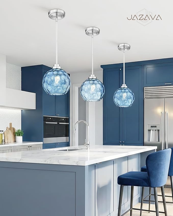 8 Inch Modern Farmhouse Pendant for Kitchen Island, Adjustable Height Hanging Fixture with Blue Hammered Glass, Brushed Nickel, Dining Room Entryway - PL101HBL-L