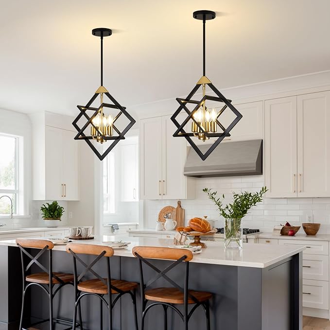 18" Modern Pendant Lights Kitchen Island, 4-Light Black and Gold Pendant Light Fixtures, Farmhouse Chandelier Kitchen Island Lighting, Industrial Hanging Pendant Lights for Kitchen Island Entryway