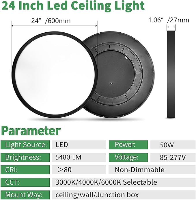2 Pack 24 Inch Large LED Flush Mount Ceiling Light, 50W,5480LM, 3000K/4000K/6000K CCT Selectable,Black Round Flat Panel Low Profile Ceiling Light Fixtures for Hallway, Kitchen, Bedroom, Laundry Room