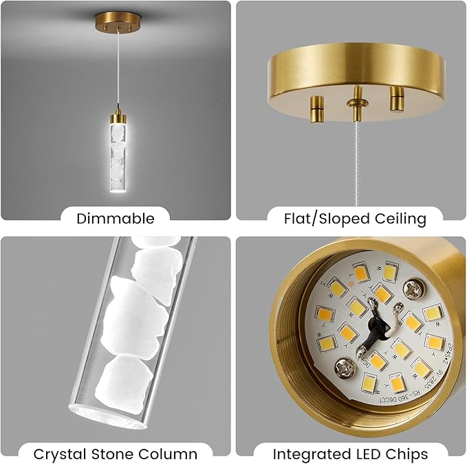 Pendant Lights Kitchen Island, Modern Mini Pendant Light Fixtures with Crystal Stone, Dimmable LED Chandelier, Gold Hanging Light Fixture for Dining Room Hallway, 3000K/4000K/5000K Adjustable, ETL