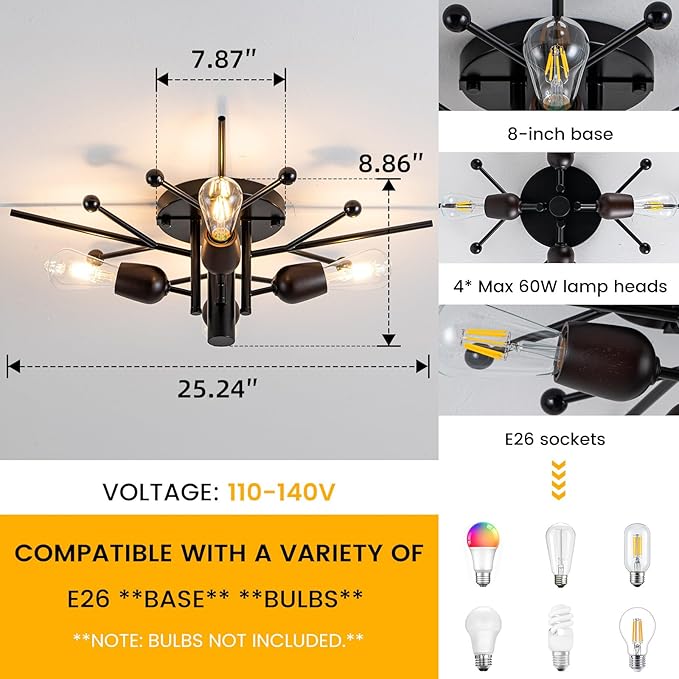 4 Light Sputnik Light Fixture Black Flush Mount Lights Industrial Ceiling Light Wood 25.24" Modern Farmhouse Ceiling Lights for Kitchen Bedroom Bathroom Foyer Hallway(E26)