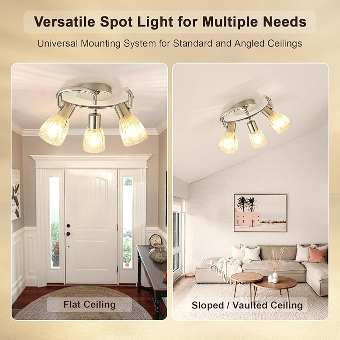 HiBay 3-Light Ceiling Light Fixture, Directional Modern Chrome Track Lighting w/Glass Shades, Flush Mount Ceiling Spotlight Indoor for Kitchen, Bedroom, Living Room, E12 Base, No Bulbs