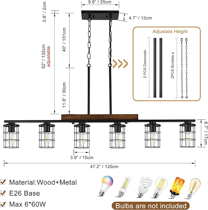 47.2" Farmhouse Kitchen Light Fixture, Black Hanging Kitchen Chandelier, 6-Light Rustic Dining Room Light Adjustable Height with Wood and Metal Frame, Suit for Farmhouse, Industrial Style