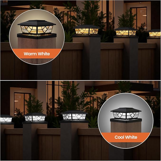 APONUO Solar Post Cap Lights 12 Pack for 4x4 5x5 6x6 Wood Vinyl Fences - IP64 Waterproof, Auto On/Off, Solar Powered Post Lights, Warm Cool White, Deck Patio Yard Decor, Black