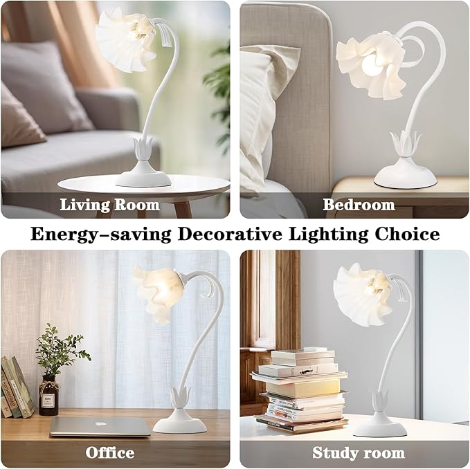 WERFOP Flower Table Lamp, LED Reading Light Vintage Bedside Table Lamp with 3 Color Modes for Nightstand, Kawaii Decoration for Home Bedroom Living Room (White)