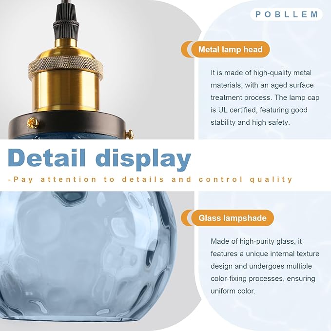Blue Glass Pendant Lights Kitchen Island Pendant Lighting 13.8" Large Globe Pendant Light Hammered Glass Shade Adjusteble Hanging Light Fixtures for Bedroom Dining Room Living Room Hallway
