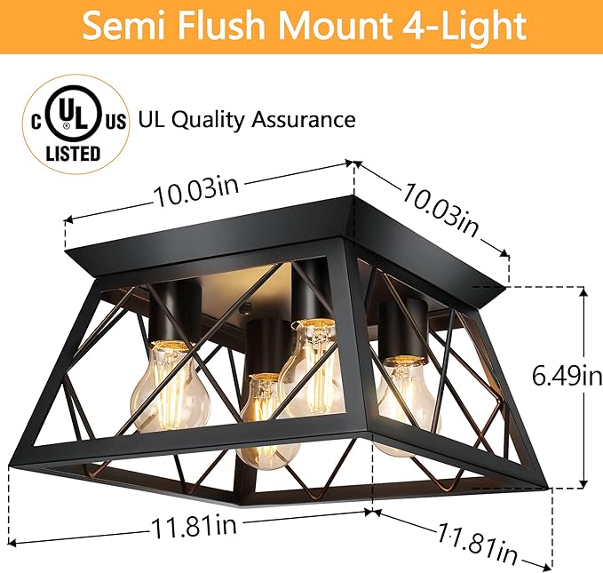 FadimiKoo 4-Light Black Flush Mount Ceiling Light for Kitchen Hallway, Industrial Close to Ceiling Lighting, Farmhouse Square Cage Lamp for Dining Room, Living Room, Bulb Not Included