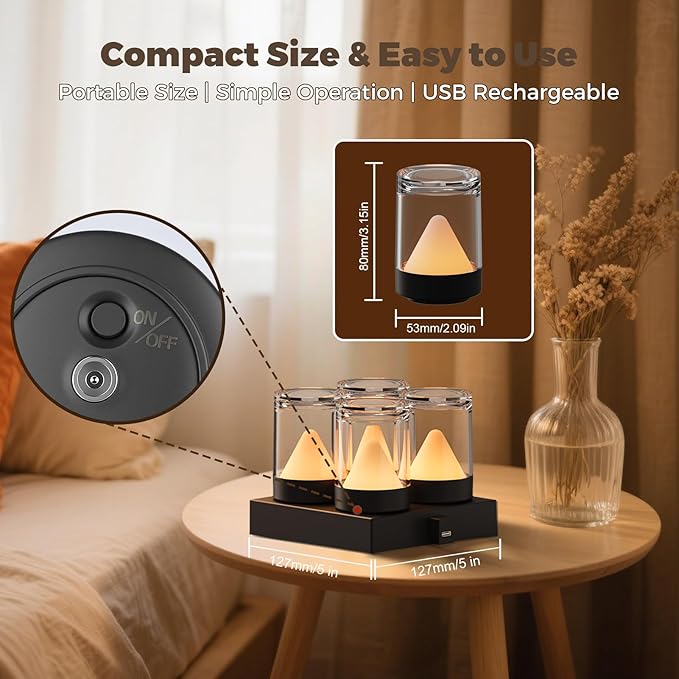 uuffoo Mini Rechargeable Night Lights with Charging Base | 4-Pack Small Transparent Shower Table Lamps with 7 RGB Color Changing, Portable for Bedroom, Living Room, Desks, Restaurant, Camping
