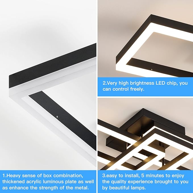 Modern LED Ceiling Light, Black Square LED Flush Mount Ceiling Light, APP and Remote Control Dimming 3000K-6500K for Dining Room, Living Room, Kitchen, Bedroom, Office