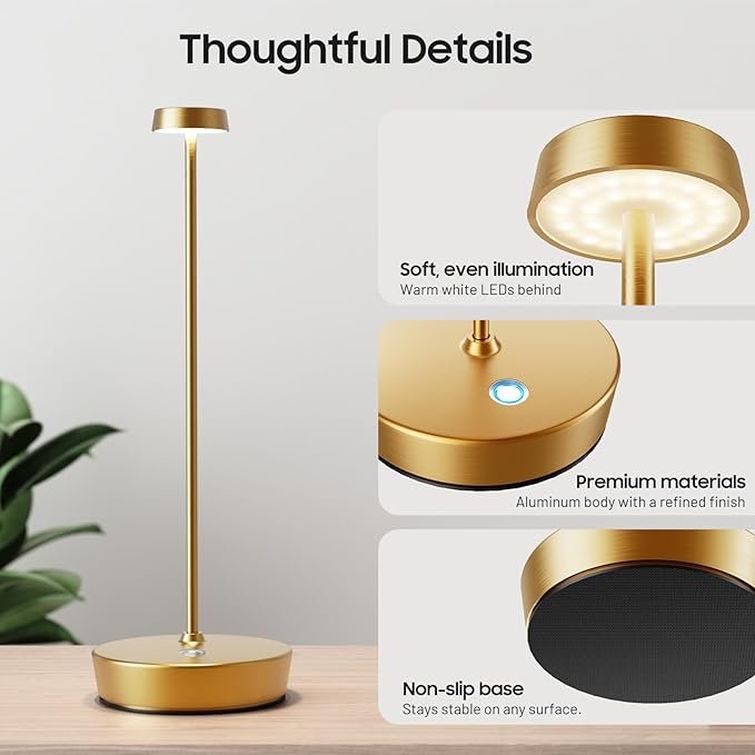 Cordless LED Table Lamp，Rechargeable Battery Desk Lamps, 3 Color Stepless Dimmable Metal Battery Table Lamps, Portable Waterproof Table Light for Indoor/Outdoor/Restaurant (2Pack Brass)