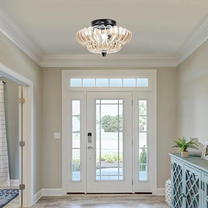 Semi Flush Mount Ceiling Light, Modern Ceiling Light Fixture with Amber Glass, Vintage Indoor E26 Kitchen Lighting for Closet, Porch, Corridor, Hallway, Bedroom