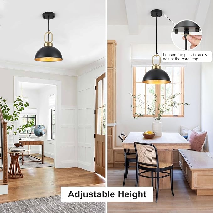 Black Pendant Lights Kitchen Island, 10.2 Inch Dome Black and Gold Pendant Lights, Vintage Metal Industrial modern Farmhouse Pendant Light Fixture Hanging Lights for Dining Room, Cafe, Bar, 2 Pack