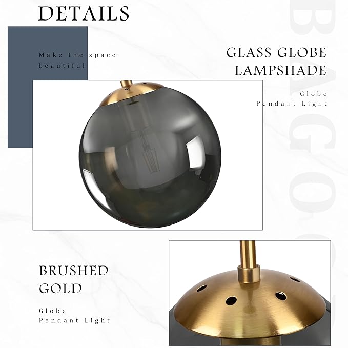 Bagood 10 Inch Globe Pendant Light Gold Globe Pendant Lights Kitchen Island Mid Century Light Fixture with Gray Clear Glass Contemporary Adjustable Hanging Lights for Dining Room (Bulb Included)