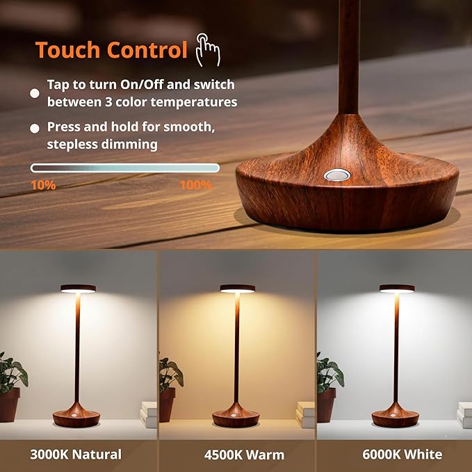 Rechargeable Cordless Table Lamp, 6000mAh Battery Powered LED Desk Lamp, Portable Metal Touch Lamp with 3-Level Dimming, Waterproof Outdoor Light for Patio, Restaurant, Dining (2 Woodgrain)