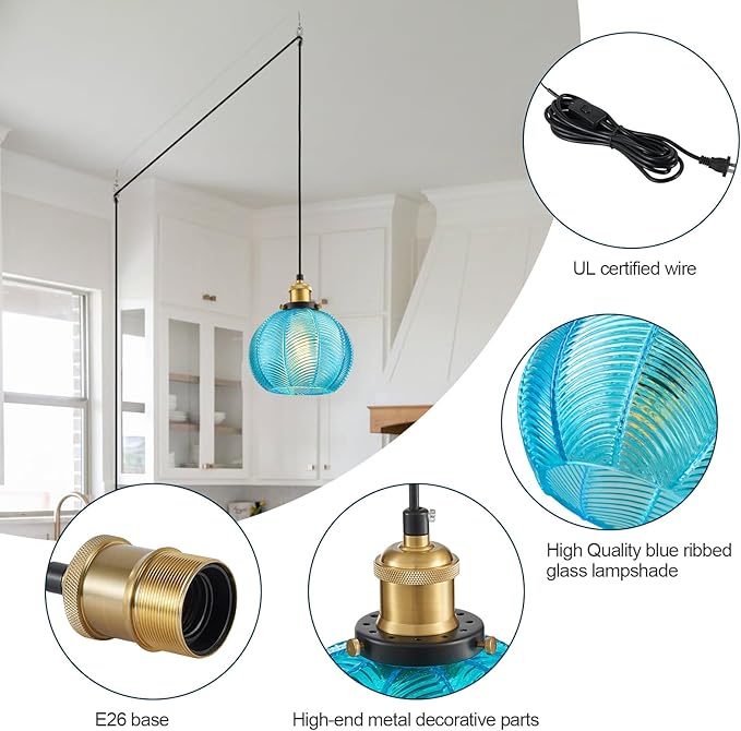 Modern Plug in Hanging Light, 7.8 Inch Glass Pendant Light with 14.76 FT Adjustable Plug in Cord, Vintage Blue Hanging Lamp for Dining Room Bedroom Kitchen Island Bathroom E26