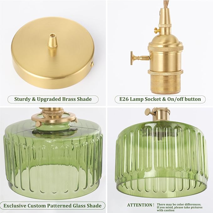 Shenmoyl Pendant Light 2 Pack with Green Striped Glass Lmapshade, Brass Vintage Pendant Light Adjustable Hanging Light for Kitchen Island Dining Room Hallway