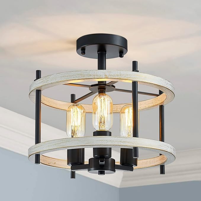 AGV LIGHTING Semi Flush Mount Ceiling Light Fixture, 3-Light Farmhouse Light Fixture Ceiling Mount White Ash Wood Texture Finish