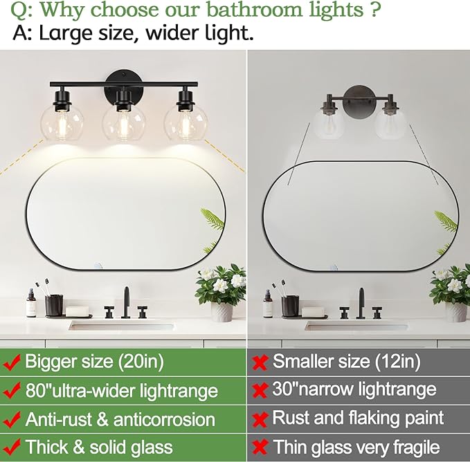 Indoi 3-Light Bathroom Light Fixtures, Black Bathroom Lights Over Mirror with Clear Glass Globe Shade, Vanity Lights for Bathroom Kitchen Living Room Hallway Cabinet Bedroom Porch.