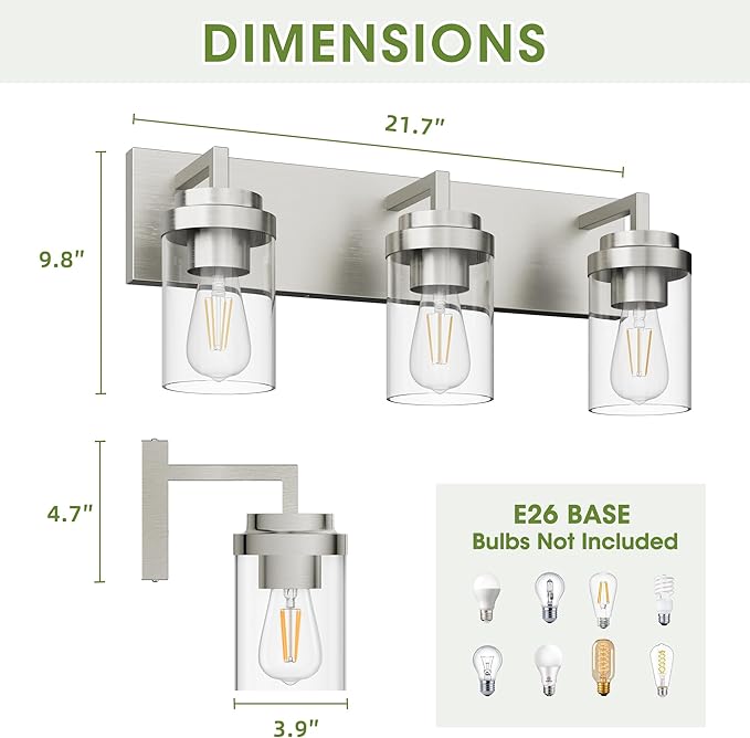 Espird Bathroom Lighting Fixtures, 3-Light Bathroom Vanity Lights Over Mirror, Brushed Nickel Vanity Light with Glass Shade, Modern Vanity Lighting Fixtures for Bathroom, Bedroom, Hallway