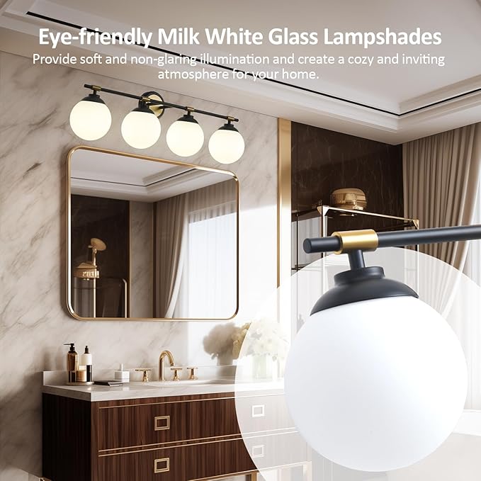 Rayogale Black Gold Bathroom Light Fixtures, ETL Certified, Modern, 4 Light Bathroom Wall Sconce, Vanity Light with Milk White Glass Shades (Bulbs Not Included) 32 Inch