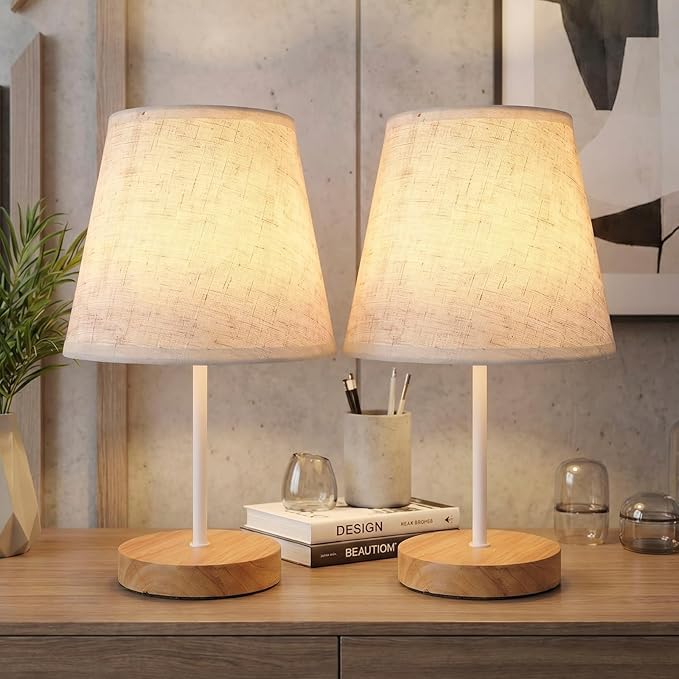 Gerrii 4 Pcs Small Bedside Table Lamp, Wooden Bedroom Tiny Lamp with Linen Shade, Mini Desk Night Light for Bedroom, Living Room, Kids Room Kitchen Counter (White)