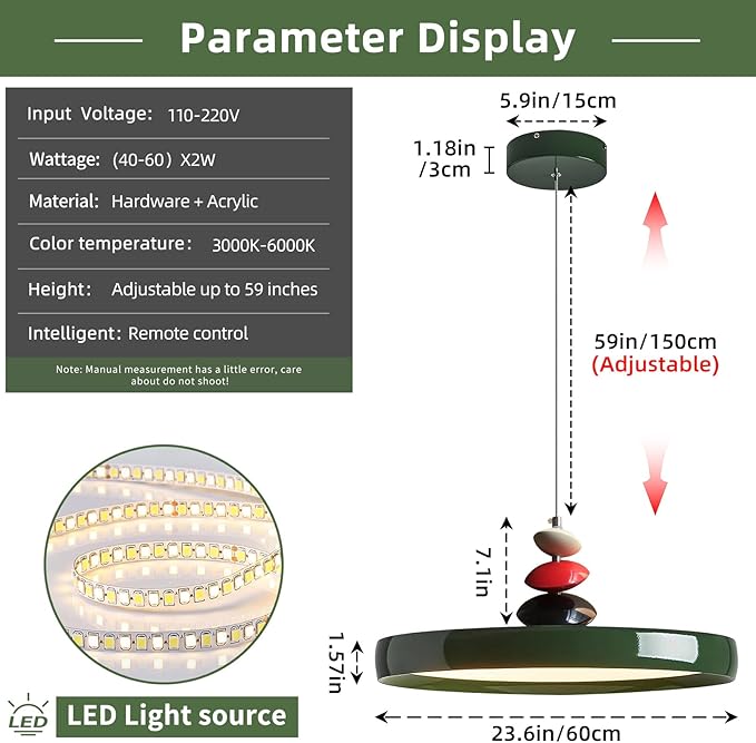 Mikeru Modern Pendant Lights, 23.6" Vintage Green Pendant Lighting Fixture with Remote Control Dimmable 3 Color Mode & Brightness Mid Century Island Light Fixture for Dining Room,Kitchen,Living Room