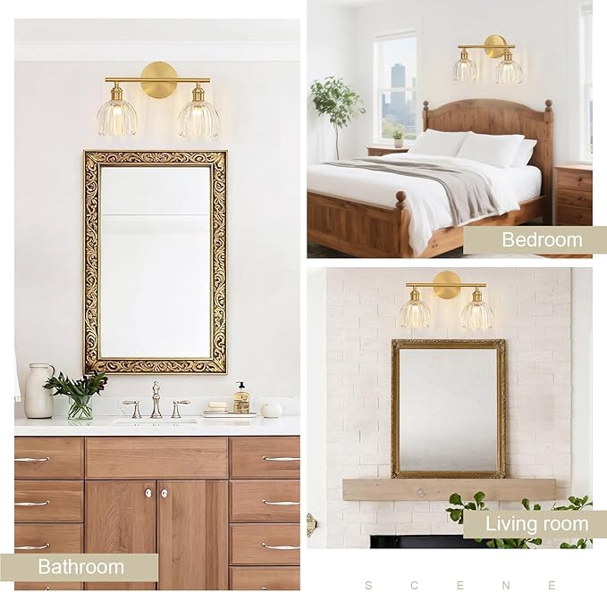 Gold Bathroom Light Fixtures Over Mirror, 2 Light Bathroom Vanity Light Fixture with Tulip Transparent Glass Lampshade, Vintage Vanity Lights for Bathroom, Bathroom Vanity Lights Over Mirror