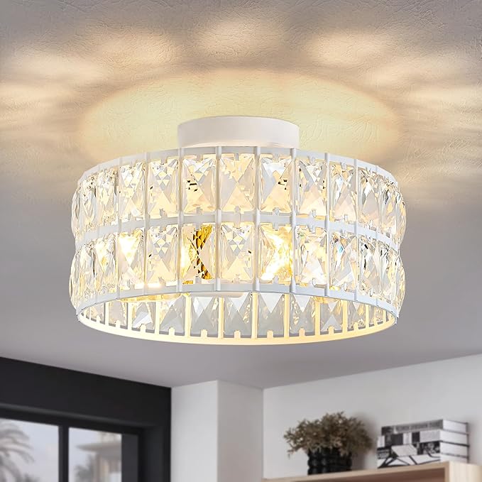HuixuTe Modern Bedroom Light Fixtures Ceiling, 12.5" Round Drum Crystal Chandelier 3-Light, White Semi Flush Mount Ceiling Light for Dining Room Kitchen Hallway Living Room