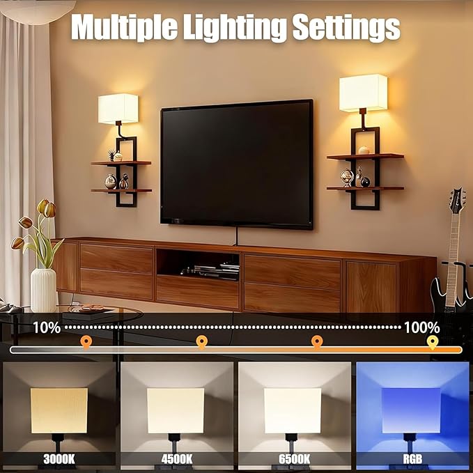 RINBOU Set of 2 Battery Operated Wall Sconce with 2-Tier Shelf, Remote Wireless Rechargeable Dimmable Wall Lights with Floating Shelves, Wall Lamps for Bedroom Living Room Hallway Bathroom Decor