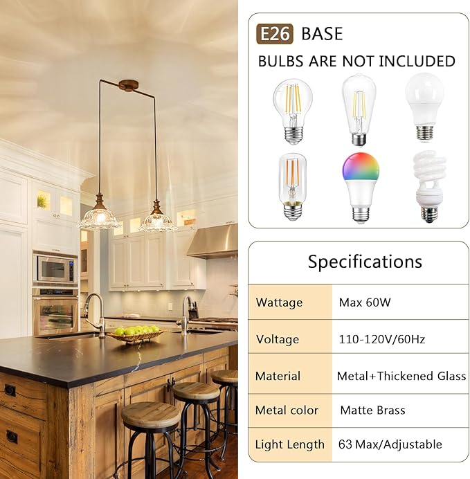 HDDFL Vintage 2 Light Pendant Light Fixtures Modern Glass Hanging Lamps with Adjustable Cord for Kitchen Island Dining Room Living Room Hallway