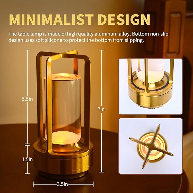 2 Pack Crystal Lantern lamp with Touch Dimming, Rechargeable LED Table Lamp, 3-Color Adjustable Brightness, 4200mAh Battery Powered Desk Light for Bedroom, Restaurant, Outdoor