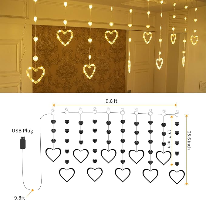 YOLIGHT Heart Curtain Lights, 9.8ft Valentine's Day Window Lights, USB Plug LED Hearts String Lights, Light up Heart Hanging Lights for Valentines Mother's Day Room Decoration (Warm White)