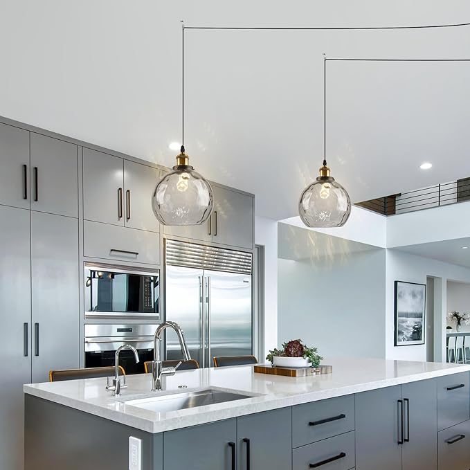 Smoke Glass Pendant Lighting with Plug in Cord, Mid Century Modern Hanging Ceiling Light Fixture Plug in Hammered Globe Hanging Pendant Lamp for Kitchen Island Dining Room Living Room (2 Pack)