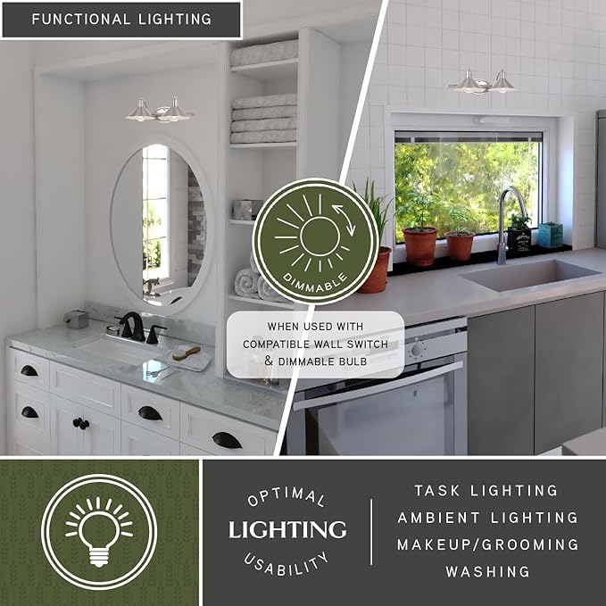 VAXCEL Akron 2-Light 18 inch Wide Satin Nickel and Matte White Farmhouse Bathroom Vanity Lighting Fixture, Metal Shade, Dimmable, LED Compatible, Over The Mirror Mounted Steel Wall Sconce